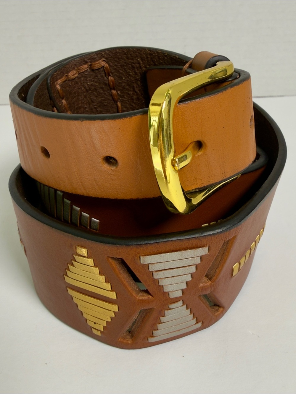 Tan Leather Women’s Belt with Gold & Silver Accents Sz M